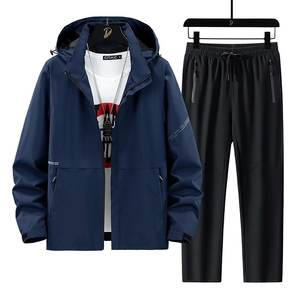 Men's navy blue windproof hooded jacket and joggers set for outdoor hiking and sports