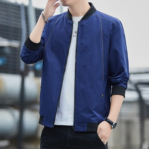 Men's royal blue stand collar bomber jacket with black ribbed trim and zipper closure