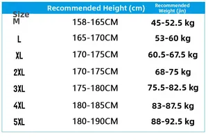 Mens casual jacket size chart showing height and weight recommendations from M to 5XL