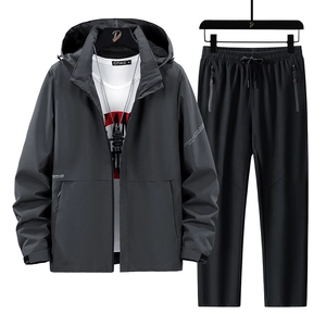 Outdoor waterproof hiking jacket and pants set for men in grey and black sport style