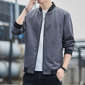 Men's grey casual baseball collar jacket with black ribbed trims and metallic zipper front