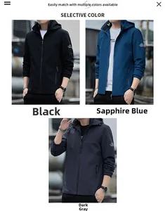 Detail view of men's hooded windbreaker jacket with arm stripe and zipper closure