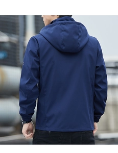 Rear view of a navy blue hooded windbreaker jacket with elastic cuffs and a casual fit