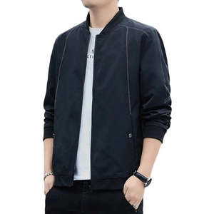 Men's black stand-collar bomber jacket with white sleeve graphics and zipper closure