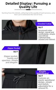 Détails du col à capuche, des poches zippées et de la taille élastique du survêtement