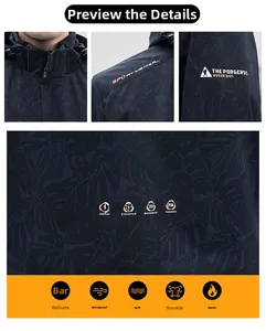 Detailed close-up of windproof fabric texture and printed logos on hooded sports jacket