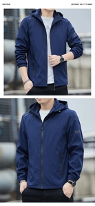 Detail view of navy blue hooded windbreaker jacket with zipper pockets and logo print