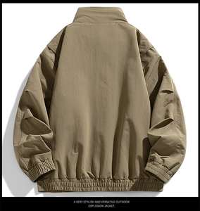 Detail of khaki outdoor work jacket featuring a stand collar and elastic windproof cuffs