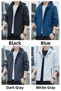 Outdoor hooded windbreakers in black, blue and grey with subtle leaf pattern and velcro cuffs