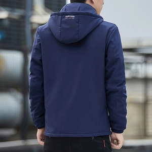 Men's navy blue fleece hooded jacket with letter print on back for winter outdoor wear