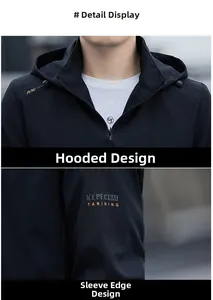 Detail view of black hooded jacket featuring drawstring hood and printed sleeve accents