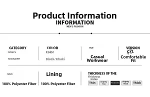 Detailed size and material information card for men casual workwear flight jacket