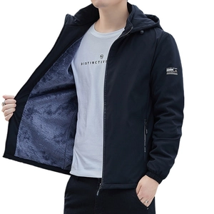 Men's winter hooded jacket with thick fleece lining and windproof navy blue outer shell