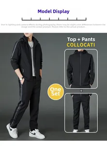 Détails du survêtement noir avec veste à capuche et pantalon à rayures latérales