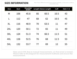 Detailed size chart for cotton flight jacket showing measurements from M to 5XL in cm