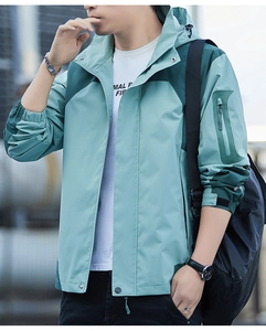 Detail of mint green waterproof hooded jacket with adjustable velcro cuffs and pockets