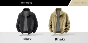 Front view of men's bomber jackets in black and khaki with ribbed cuffs and stand collar