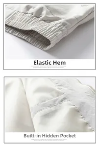 Detail view of elastic hem and inner hidden pocket on men's light beige casual jacket