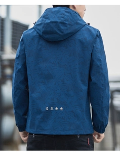 Macro detail of waterproof jacket back with palm leaf print and tech icons
