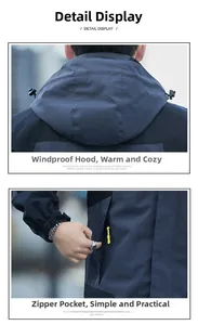 Detail of adjustable windproof hood and side pocket with yellow zipper on jacket