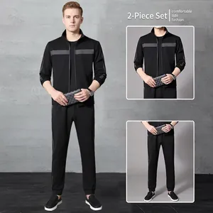 Men's 2-piece black athletic tracksuit featuring a zip-up jacket and matching pants