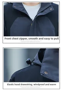 Detail view of hooded jacket with waterproof zipper and adjustable elastic drawstrings