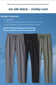 Détail du tissu en soie glacée sur pantalon léger pour hommes avec taille élastique