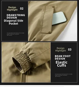Detail of khaki jacket showing snap button side pockets and elastic ribbed cuffs