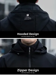 Detail of men's casual jacket showing hooded design and front zipper closure system