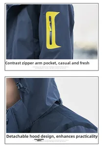 Detail of waterproof windbreaker featuring yellow zip pocket and detachable hood