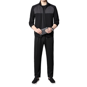 Men's elastic sports track suit with stand collar zip jacket and matching black pants