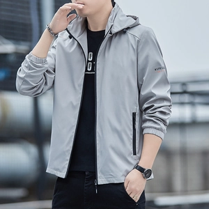Men's light grey hooded windbreaker jacket with utility pockets and urban casual style