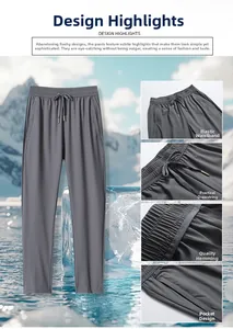 Vue détaillée du pantalon en soie glacée gris foncé pour hommes avec taille élastique