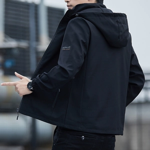 Men's black hooded windbreaker jacket featuring a minimalist outdoor streetwear design