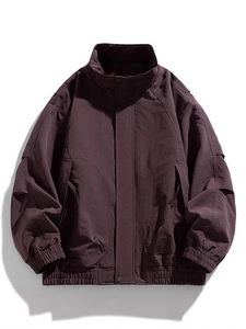 Men's retro windbreaker jacket with stand collar and tactical sleeve pockets in dark wine red