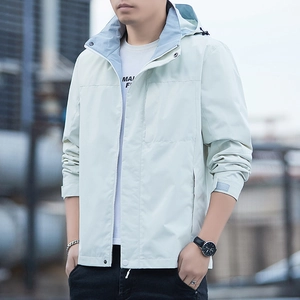 Men's outdoor hooded windbreaker jacket with utility pockets in light grey-green finish