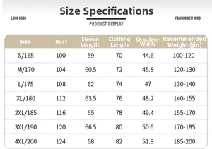 Detailed size chart for men's cotton casual shirts showing dimensions from S to 4XL