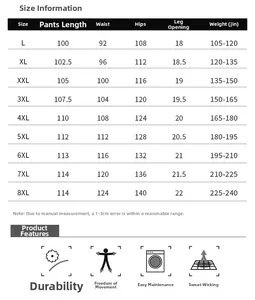 Guide des tailles détaillé pour pantalons de sport extensibles homme du L au 8XL