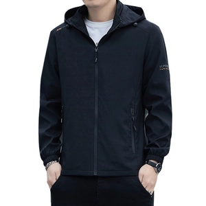 Men's black windproof hooded jacket with sleek casual style and zip pockets