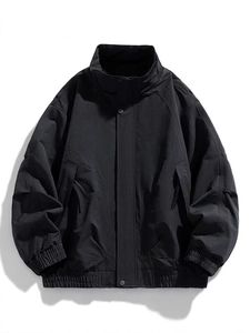 Men's stylish black stand-up collar windbreaker jacket with ribbed cuffs and hem