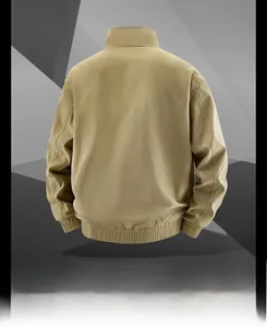 Detailed back view of khaki cotton flight jacket with ribbed cuffs and stand collar