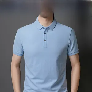 Detail of light blue short sleeve polo shirt with classic collar and three buttons