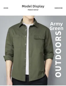 Detail of army green long sleeve cotton work shirt showing chest pockets and collar