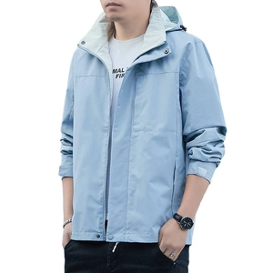 Men's light blue hooded outdoor jacket with zipper pockets and adjustable cuffs for spring