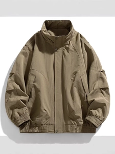 Men's loose casual windbreaker jacket with stand collar and zip closure in khaki