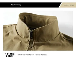 Detail view of khaki flight jacket with stand collar and durable zipper closure