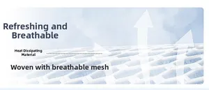 Close-up of breathable warp-knit mesh fabric with airflow icons showing ventilation