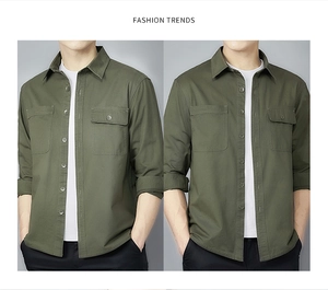 Close-up of army green cotton cargo shirt featuring dual chest pockets and durable texture