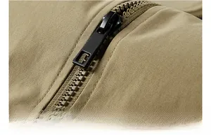 Close-up of durable black zipper and premium khaki cotton fabric on flight jacket
