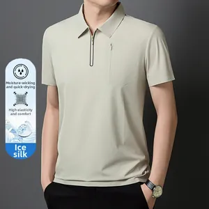 Men's polo shirt featuring moisture-wicking ice silk fabric and functional zipper pocket
